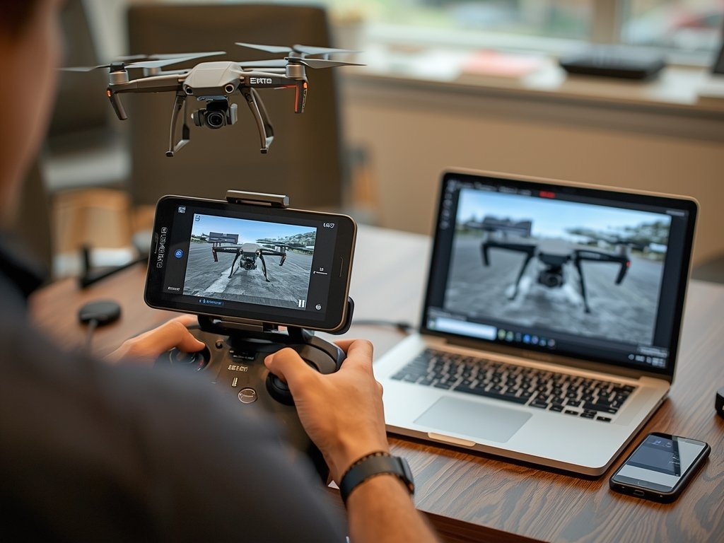 A drone pilot operating a drone from a control station,