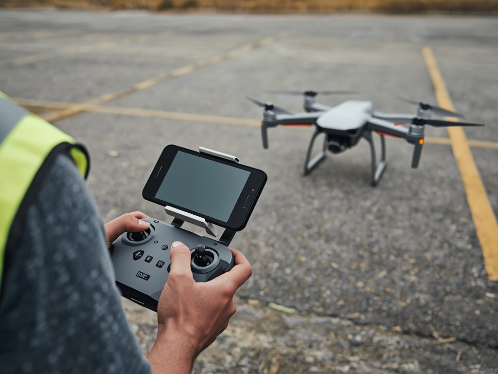 A drone pilot operating a remote controller while wearing a