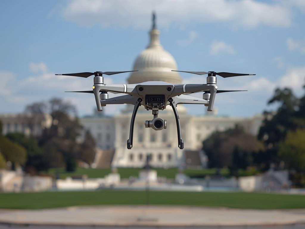 A drone pilot operating a UAV with a backdrop of