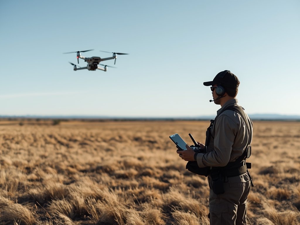 A drone pilot standing in a vast American field, holding