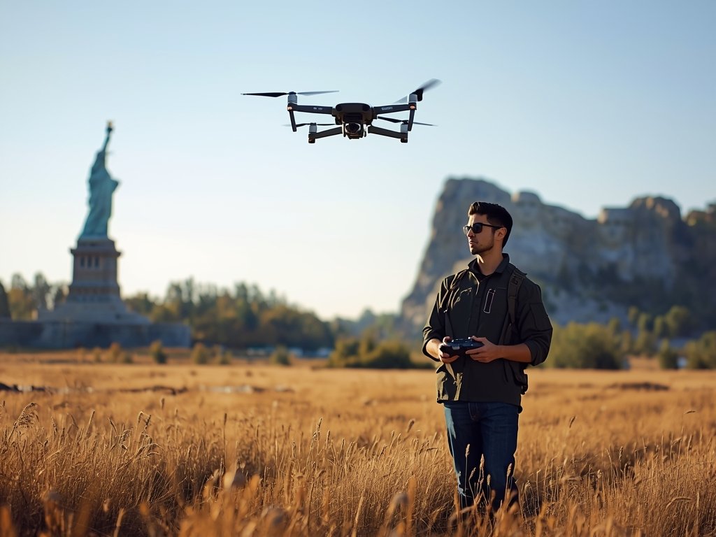 A drone pilot standing in a field, holding a controller,