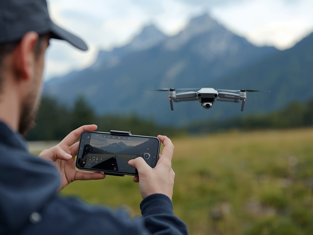A drone pilot standing in a picturesque meadow, adjusting settings