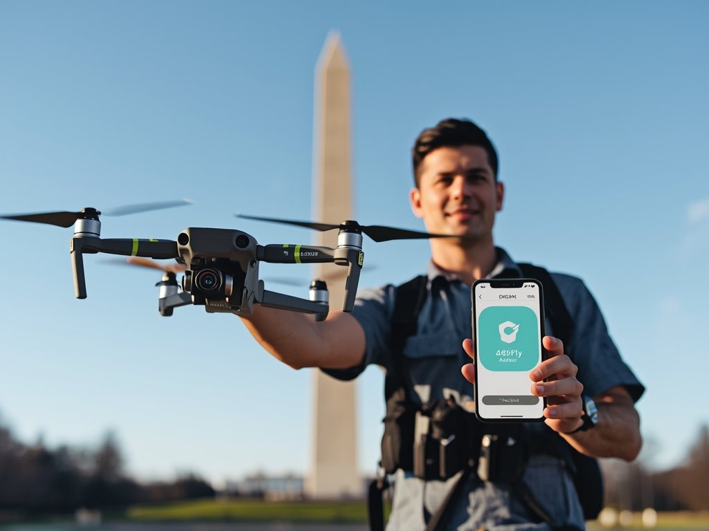 A drone pilot standing in front of the Washington Monument,