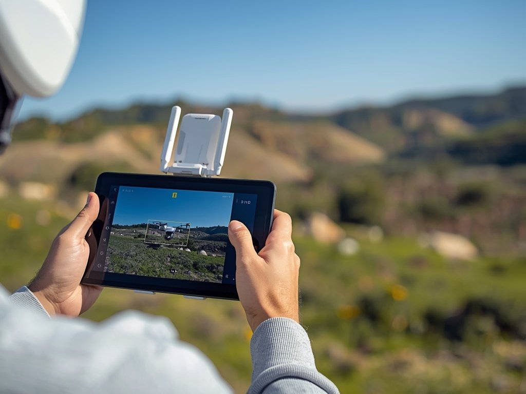 A drone pilot using a signal booster, with a clear,