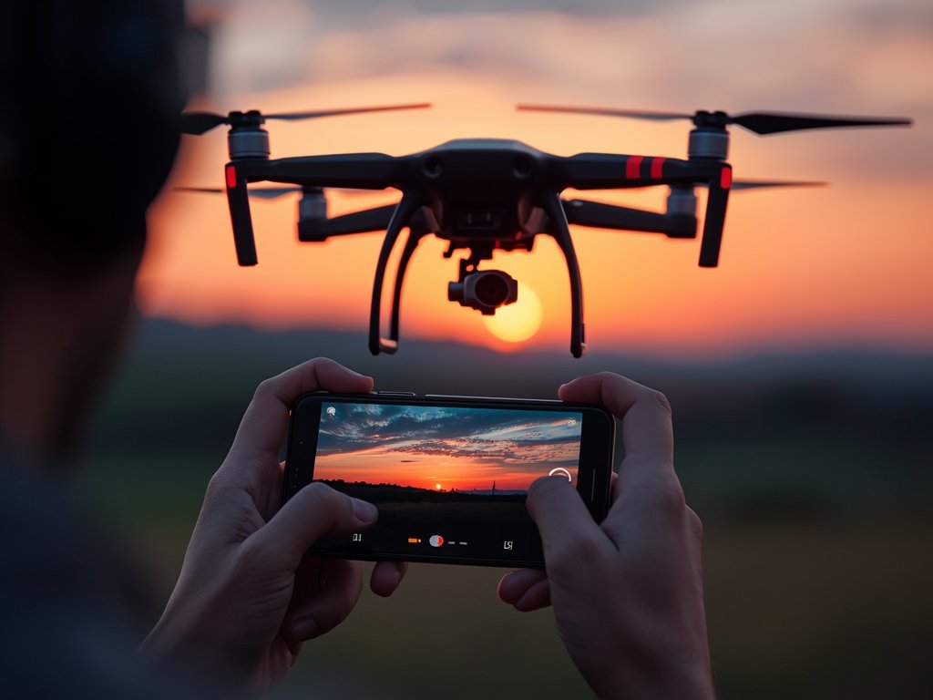 A drone pilot using a smartphone app to control their