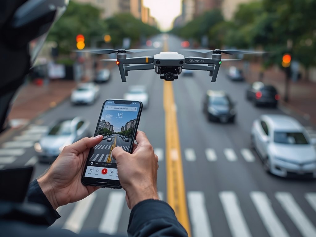 A drone pilot using a smartphone app to plan a