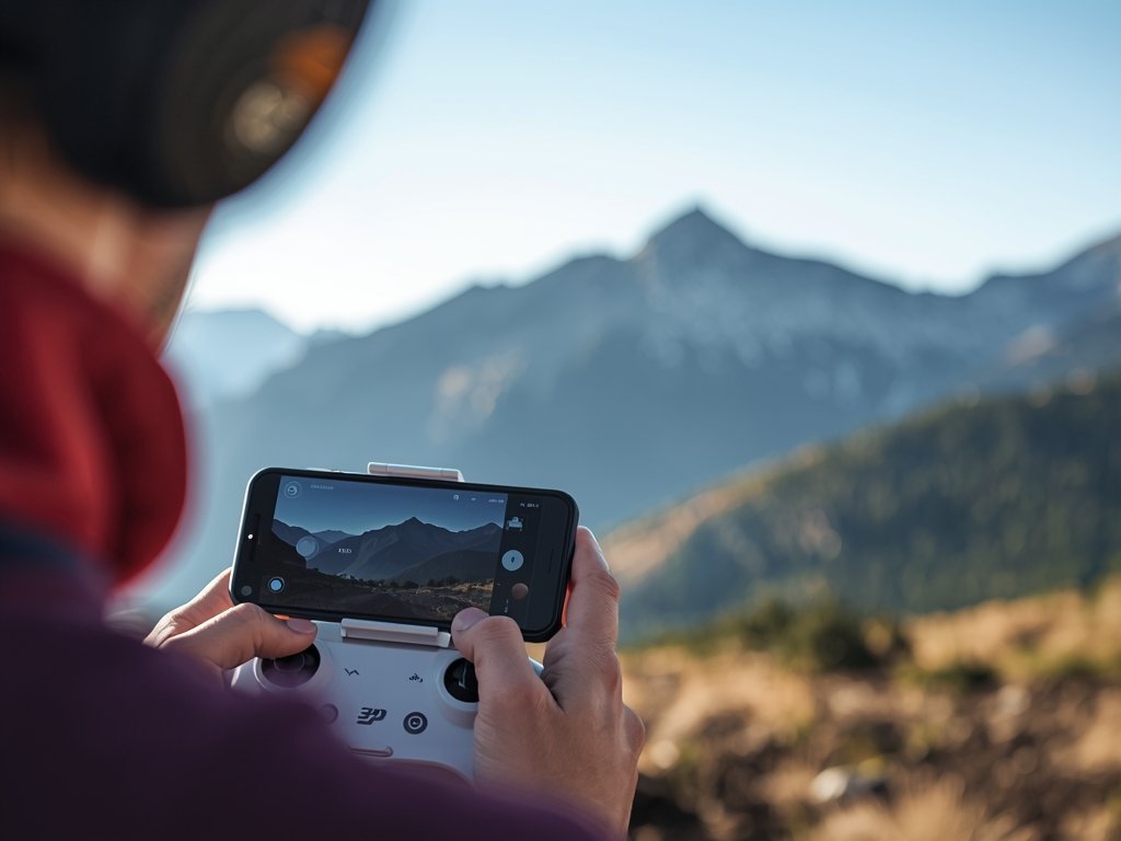 A drone pilot using a smartphone app to control a