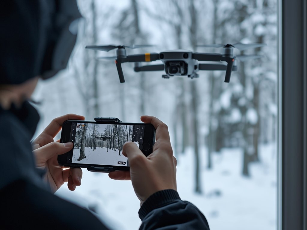 A drone pilot using a smartphone app to monitor their