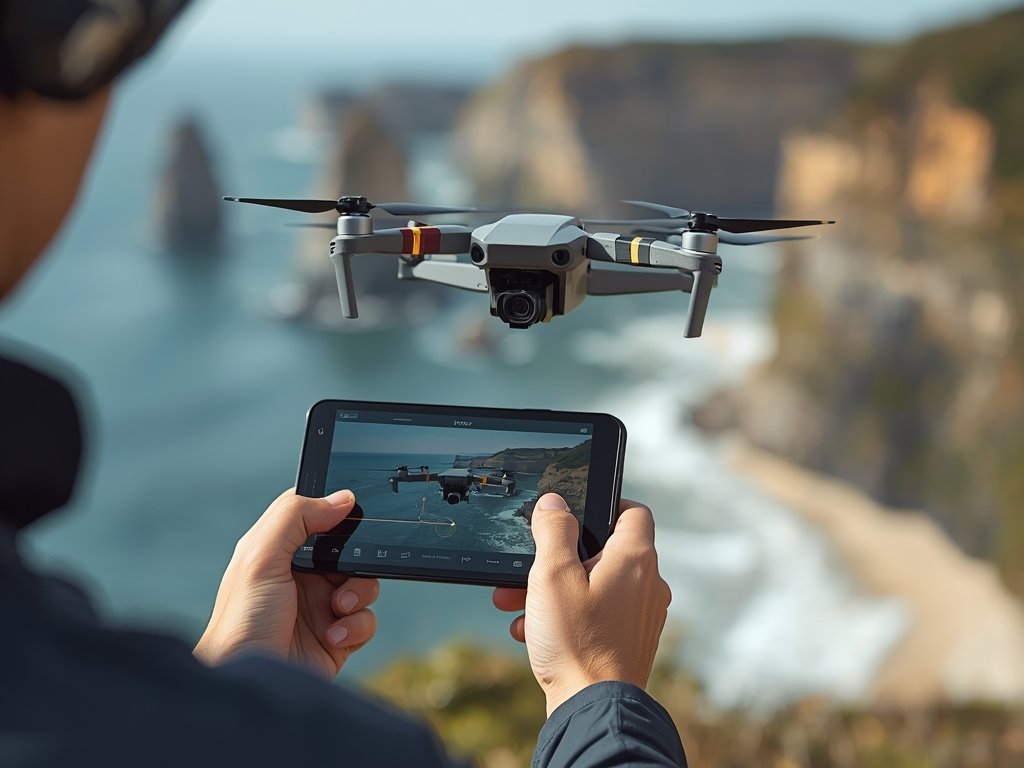 A drone pilot using a tablet to plan a flight
