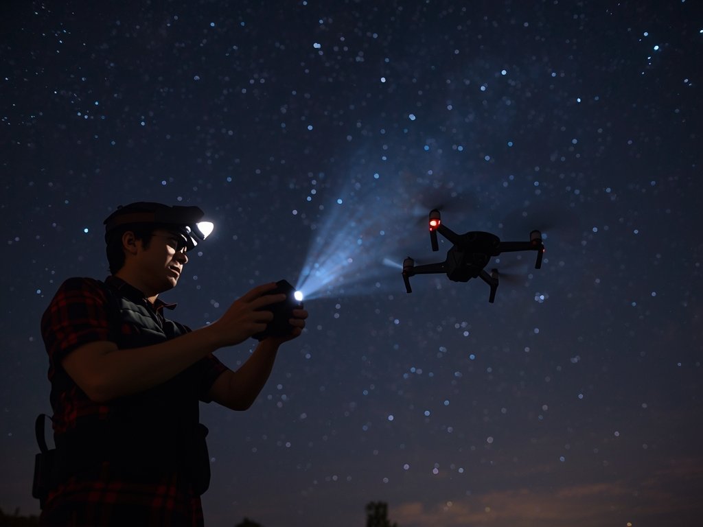 A drone pilot wearing a headlamp, carefully launching their drone