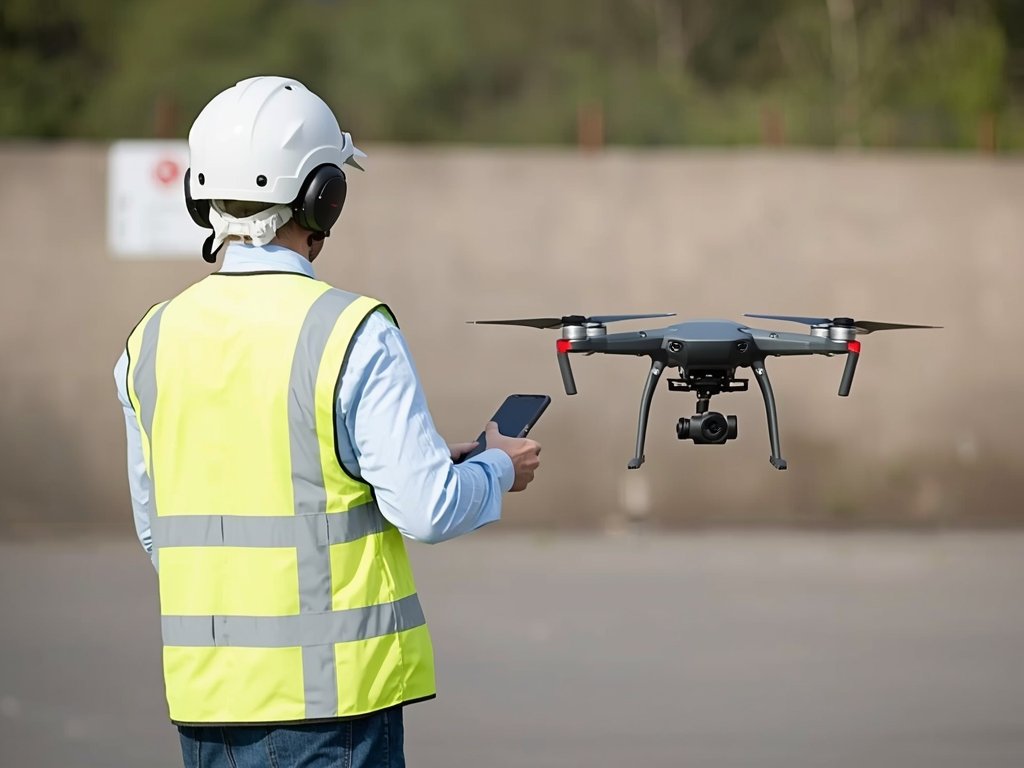 A drone pilot wearing a safety vest and helmet, carefully