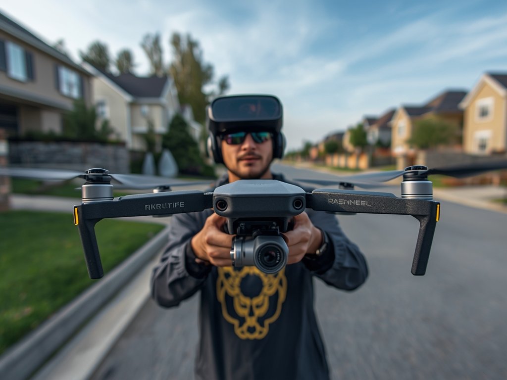 A drone pilot, wearing FPV goggles, skillfully maneuvering a drone