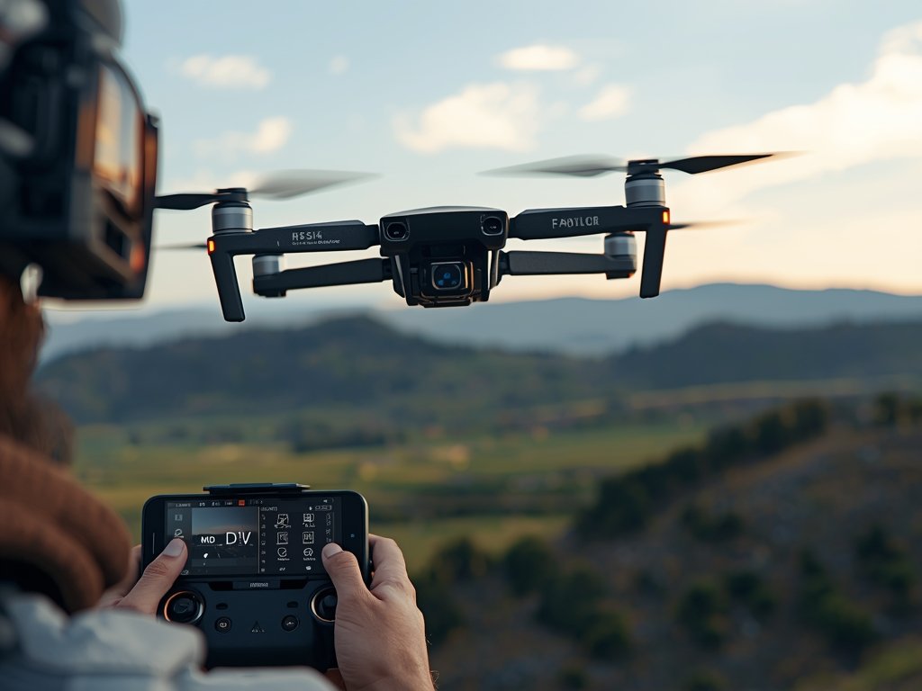 A drone pilot wearing FPV goggles, flying a drone through