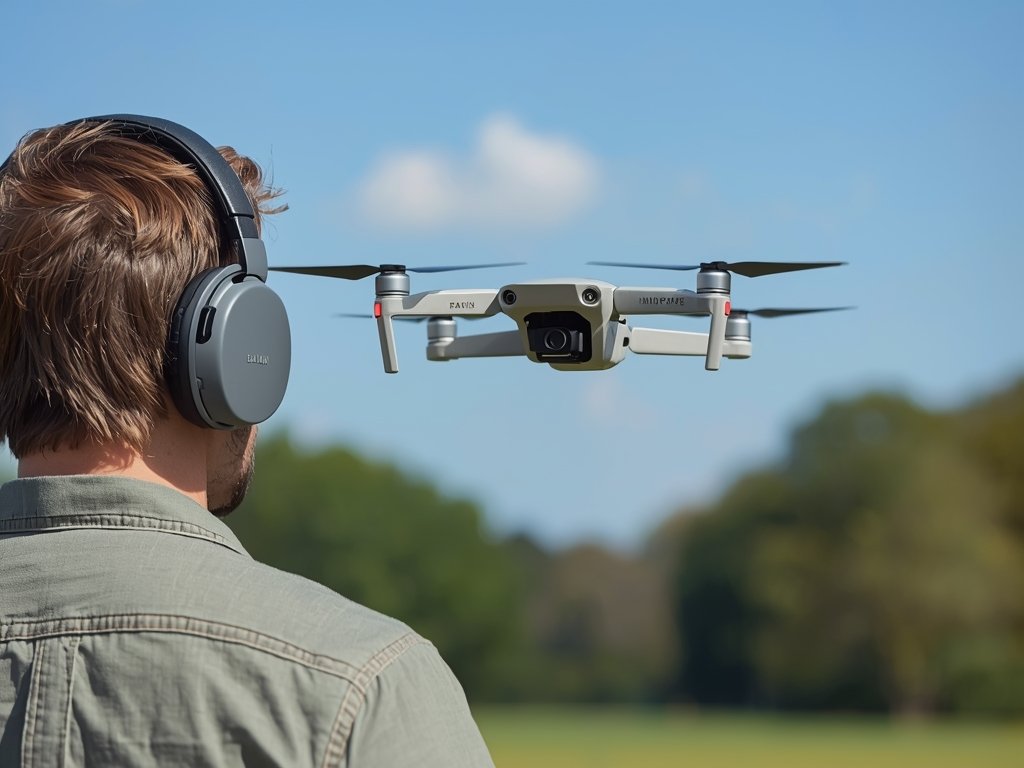 A drone pilot wearing noise-canceling headphones, flying a quiet drone