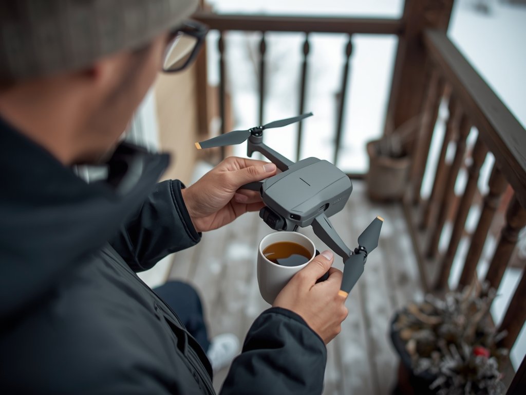 A drone pilot wearing winter gear, carefully inspecting their drone