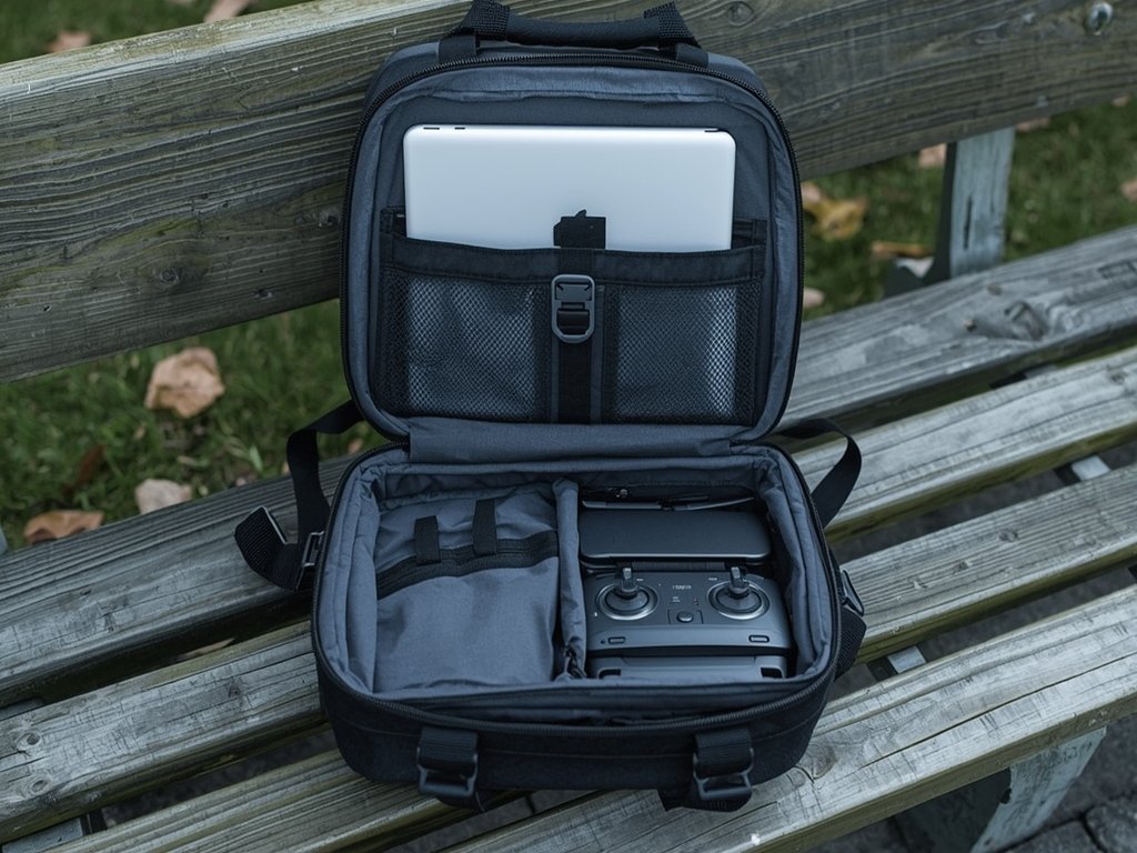 A drone pilot's backpack open on a park bench, revealing
