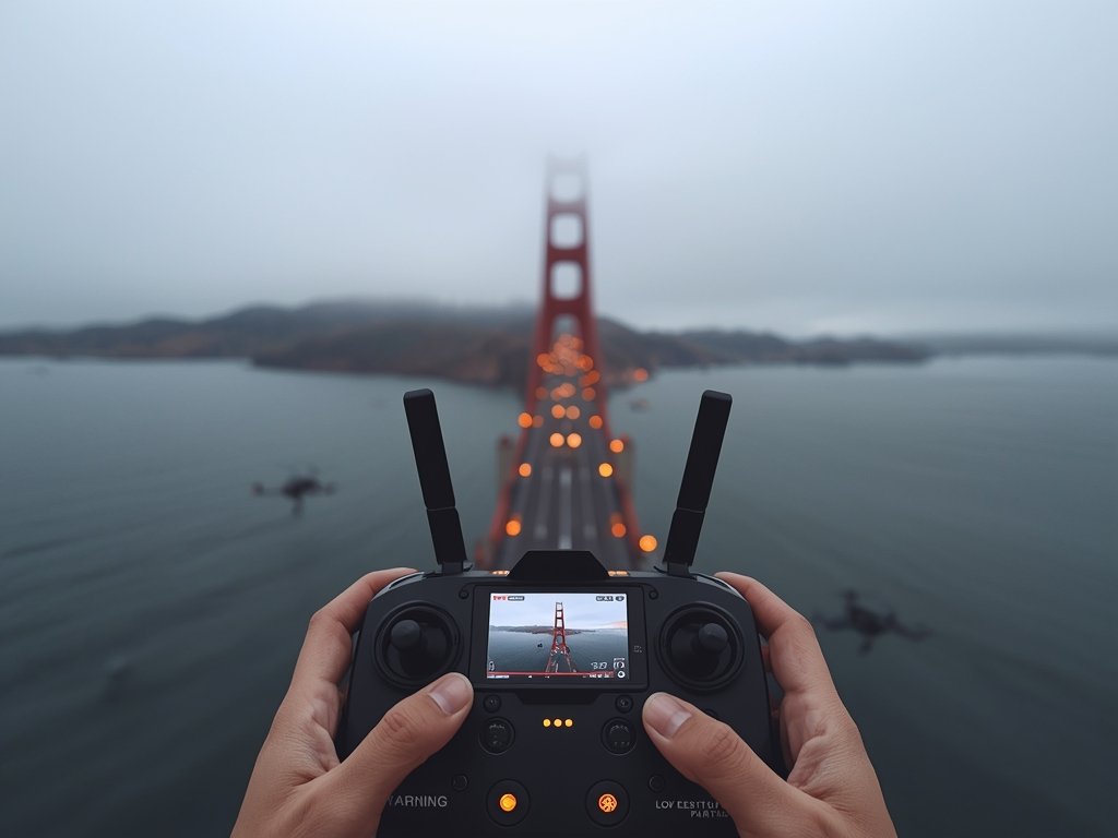 A drone pilot's perspective, showing a distorted video feed and