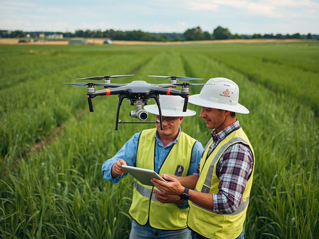 A drone surveying a vast agricultural field in the Midwest,
