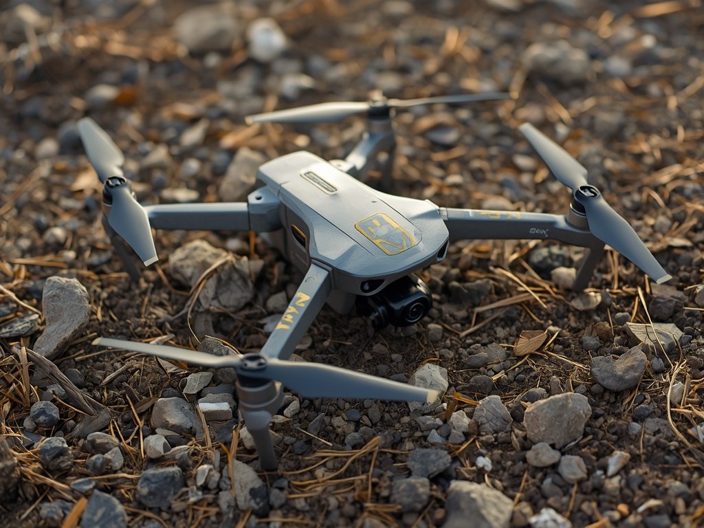 A drone with a depleted battery, lying on the ground