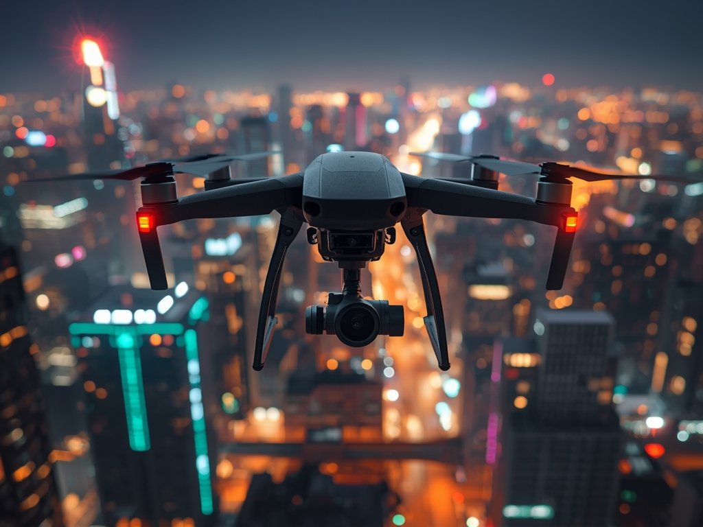 A drone with a high-tech camera gimbal attached, hovering over