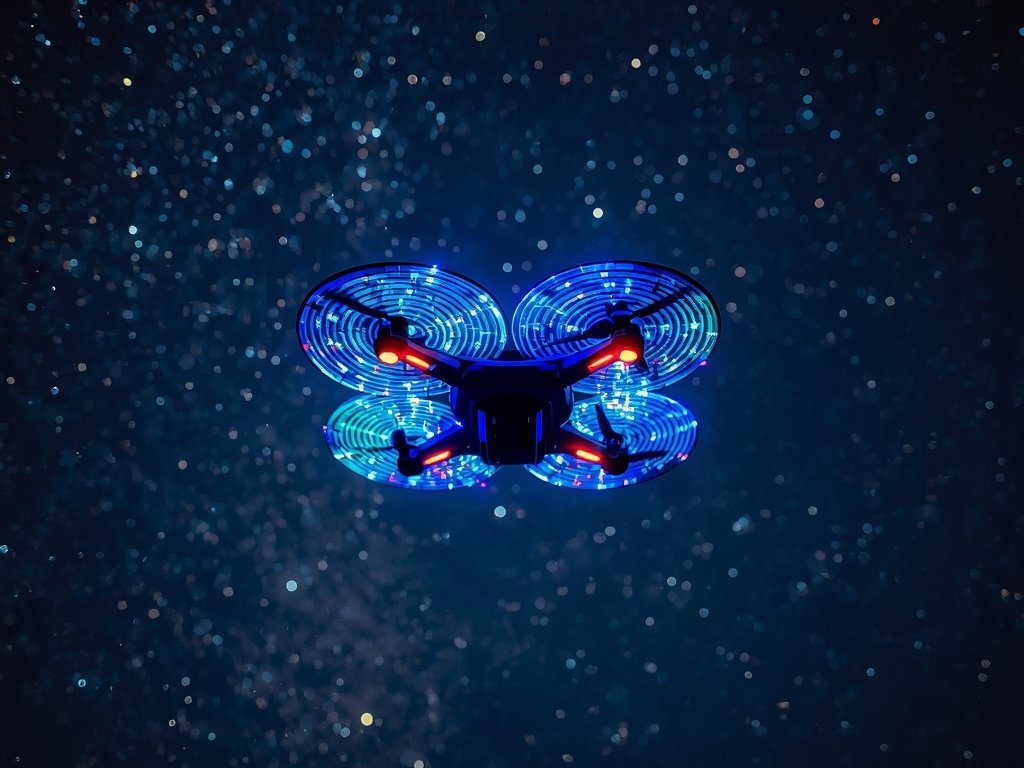 A drone with LED lights tracing vibrant, swirling patterns against