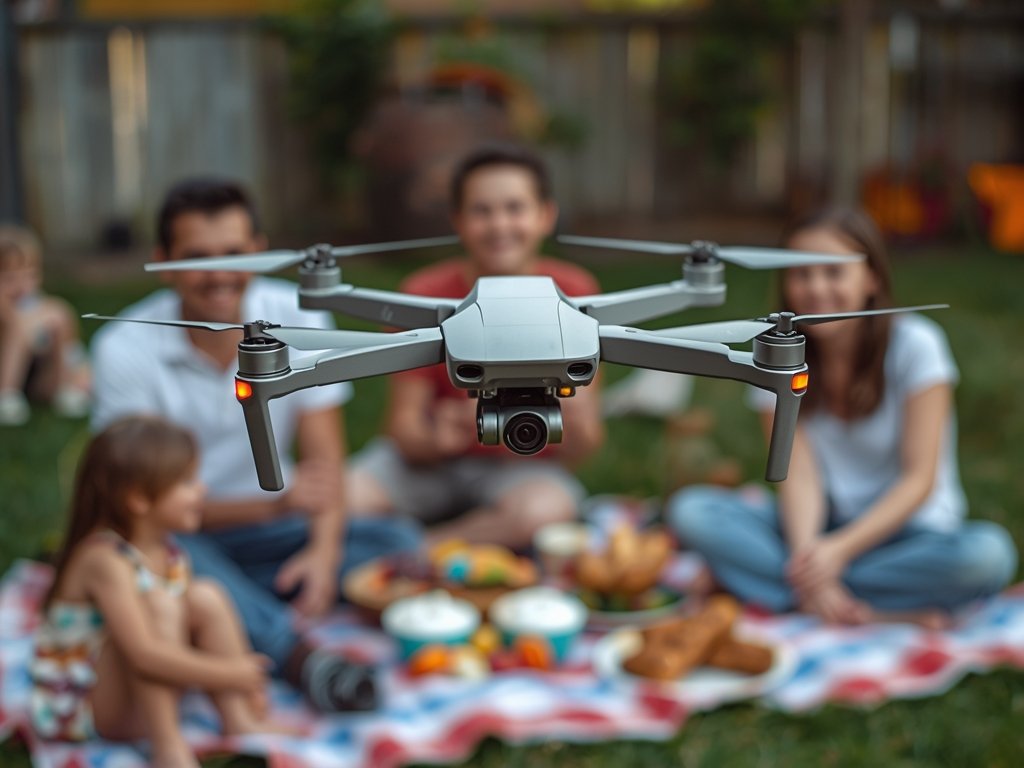 A drone with propeller guards flying near a child wearing