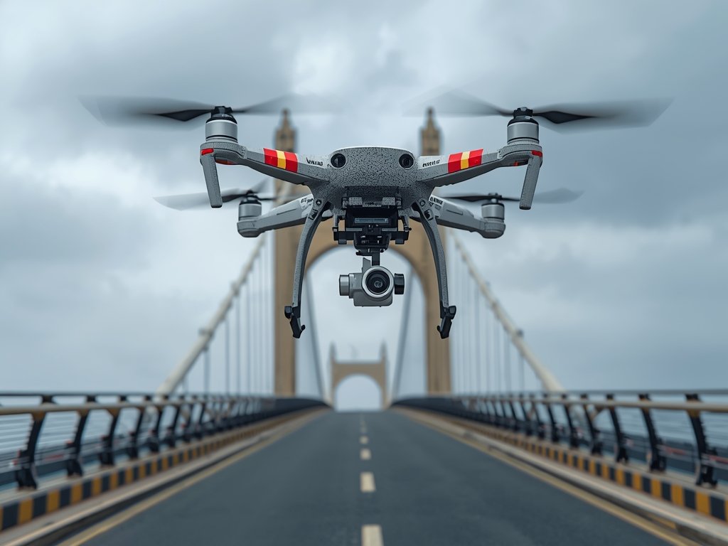 A dynamic, mid-air shot of a drone inspecting a towering