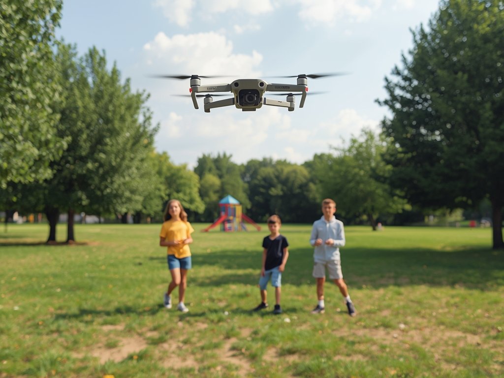 A family flying a drone in a spacious, open park