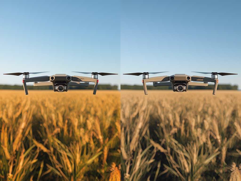 A farmer comparing two drones side by side, one with