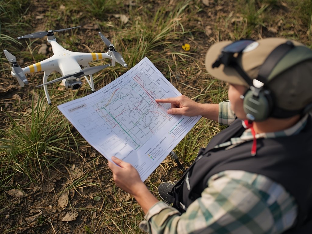 A farmer consulting with a drone pilot, reviewing flight plans