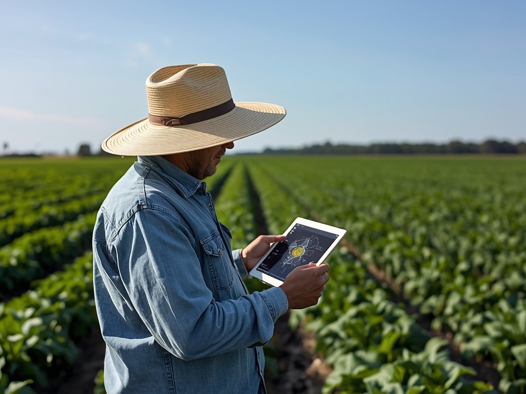 A farmer in a wide-brimmed hat standing in a field,