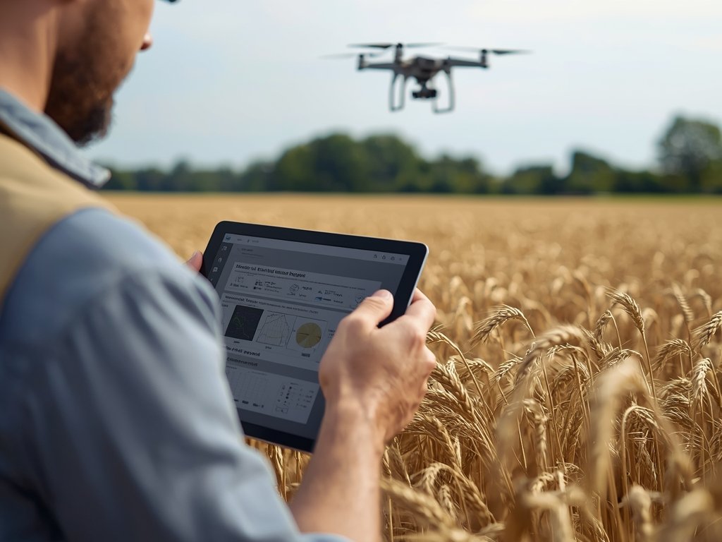 A farmer using a tablet to analyze drone-generated crop health