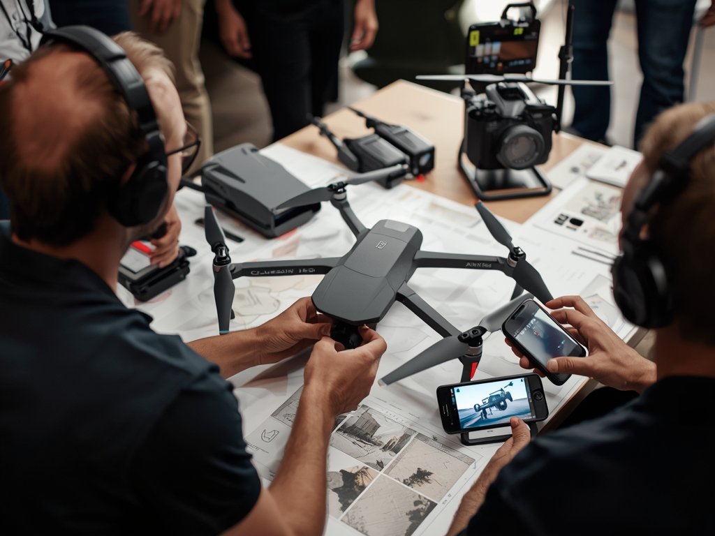 A film director and drone operator discussing the best heavy