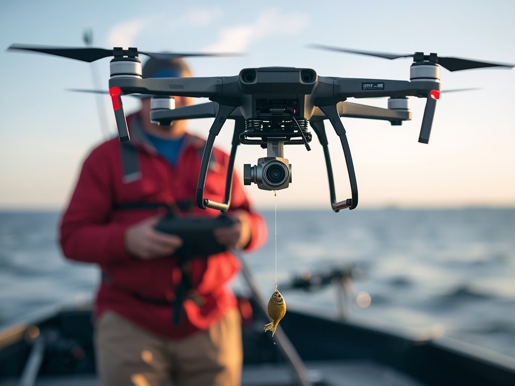 A fisherman operating a drone from a boat, with a