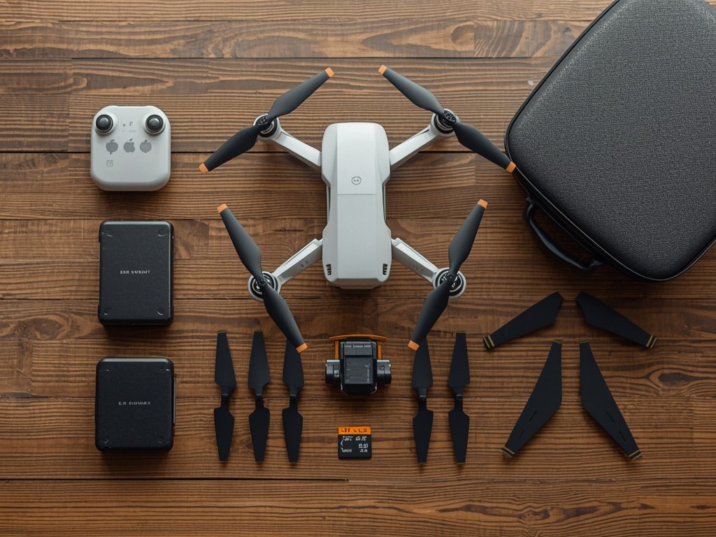 A flat-lay arrangement of essential drone accessories: extra batteries, propeller