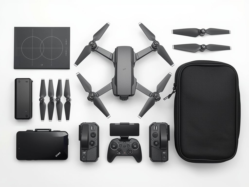 A flat-lay arrangement of essential drone accessories, including extra batteries,