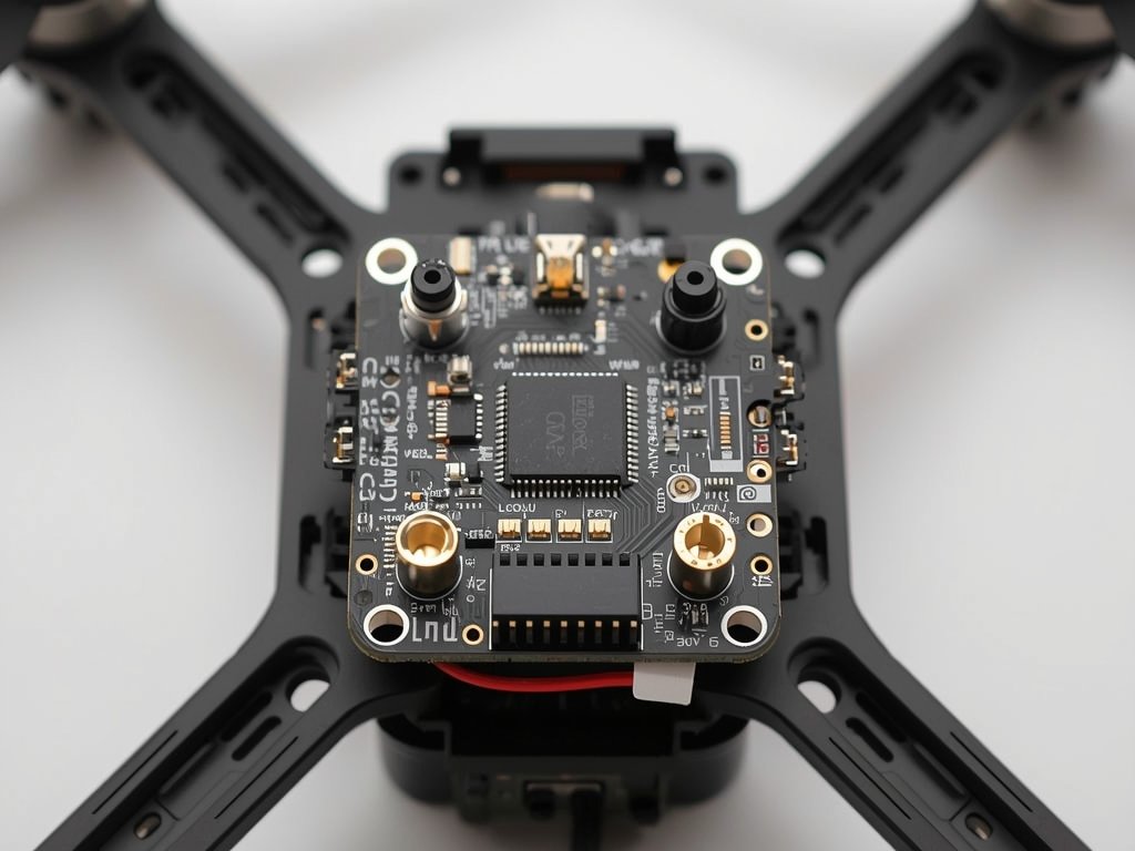 A flight controller board with gyroscopes, accelerometers, and clean soldering,