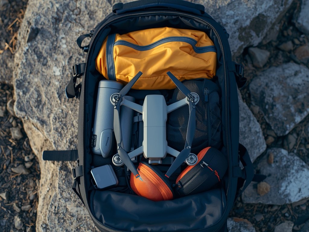 A foldable drone compactly stored in a backpack alongside hiking
