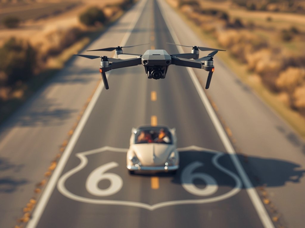 A foldable drone hovering over the iconic Route 66, capturing