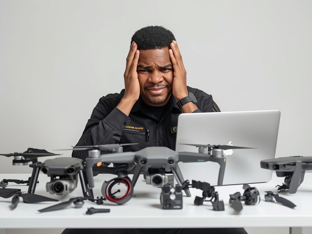 A frustrated drone pilot sitting at a desk, surrounded by
