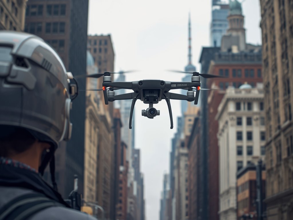 A frustrated drone pilot staring at a drone stuck mid-air,