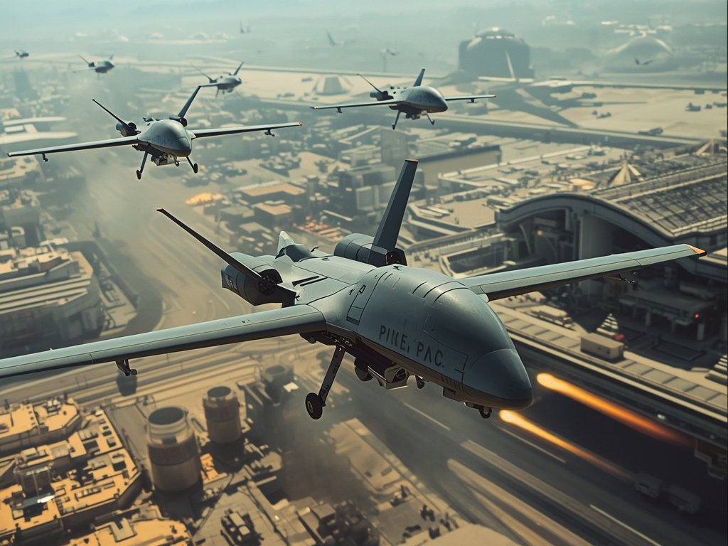 A futuristic battlefield with advanced military drones flying in formation,