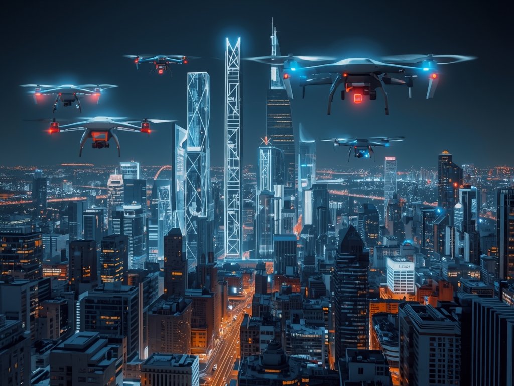 A futuristic cityscape at night, with drones forming glowing skyscrapers