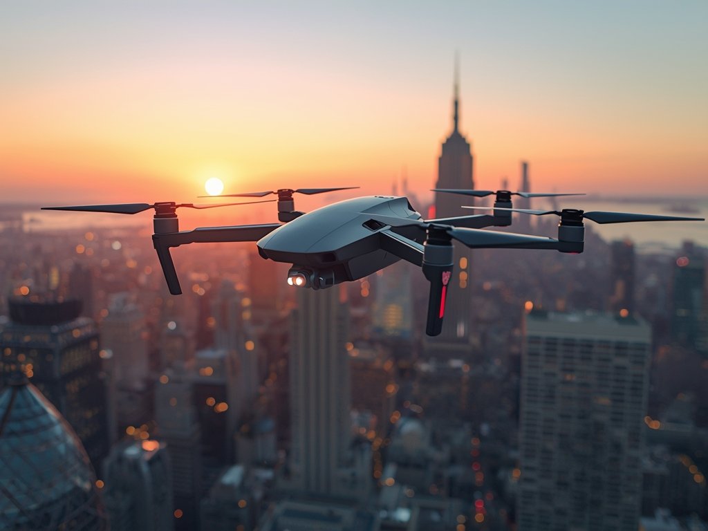 A futuristic cityscape at sunset with a sleek, high-tech drone