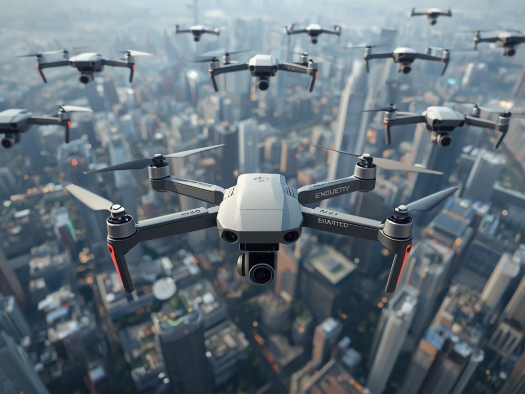 A futuristic cityscape with drones of various sizes and shapes