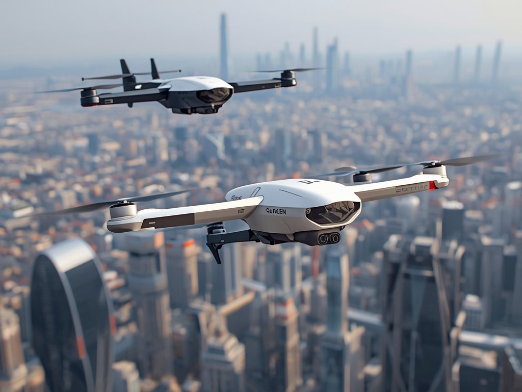 A futuristic cityscape, with hydrogen-powered drones flying alongside traditional aircraft,