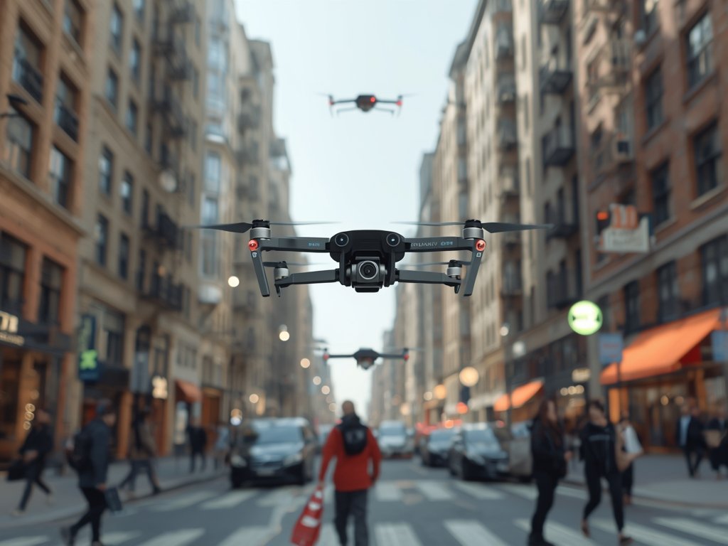 A futuristic cityscape with nano drones seamlessly integrated into daily