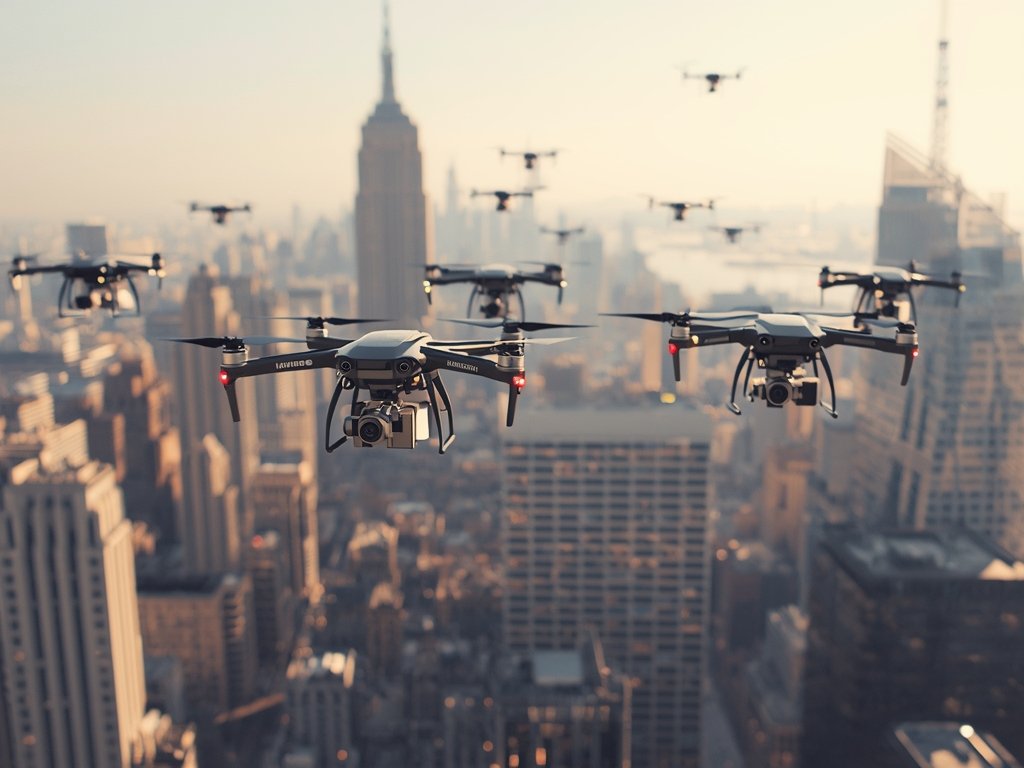 A futuristic cityscape with numerous drones flying in formation, delivering