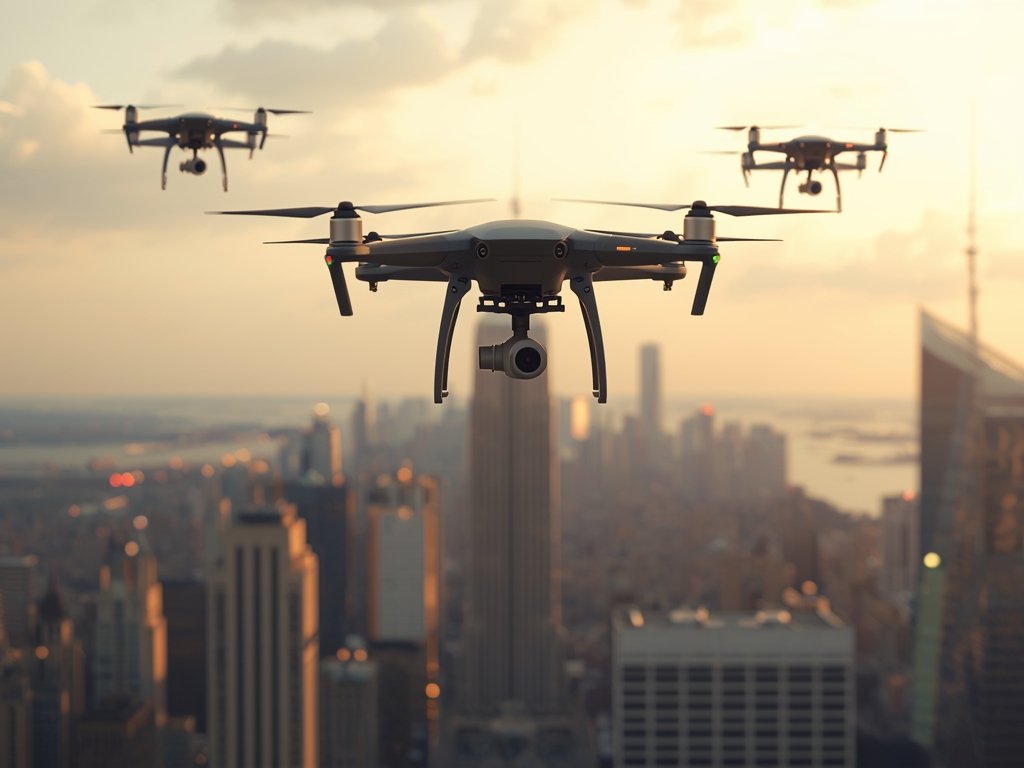 A futuristic cityscape with security drones patrolling the skies, symbolizing
