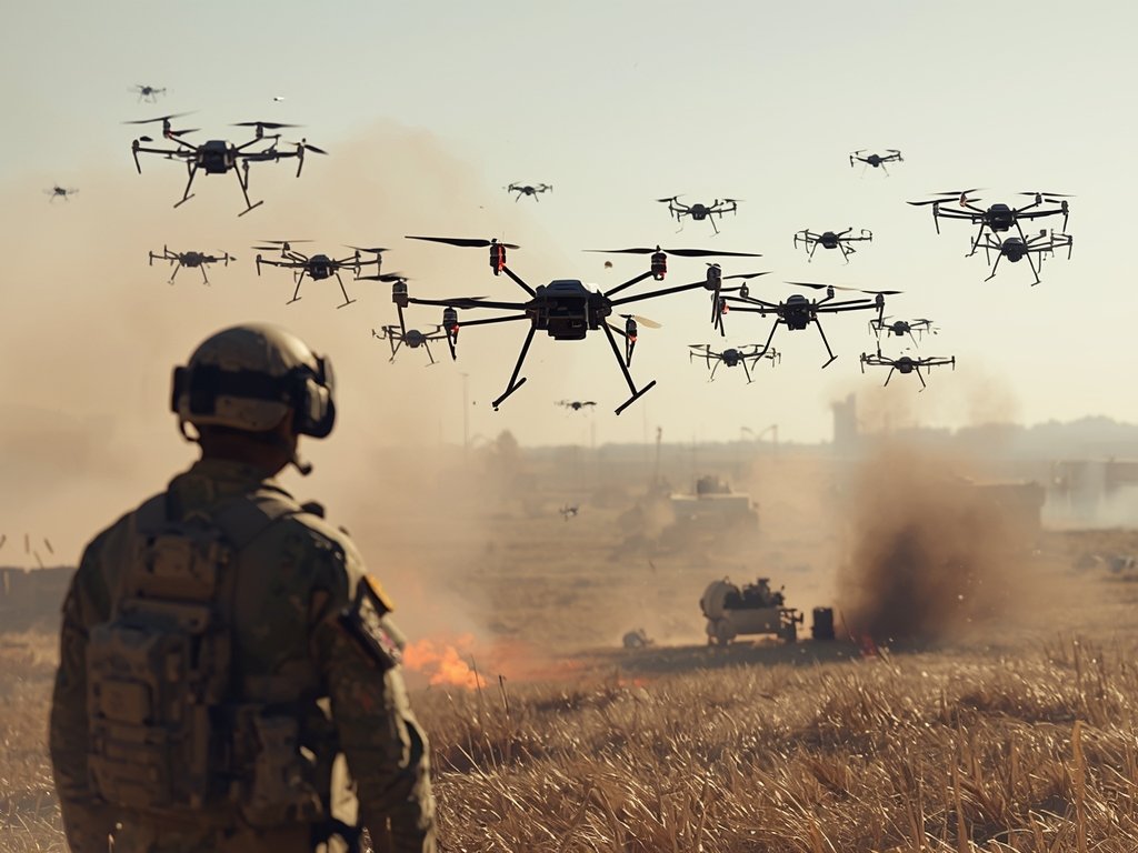 A futuristic concept image of a swarm of tiny, insect-like